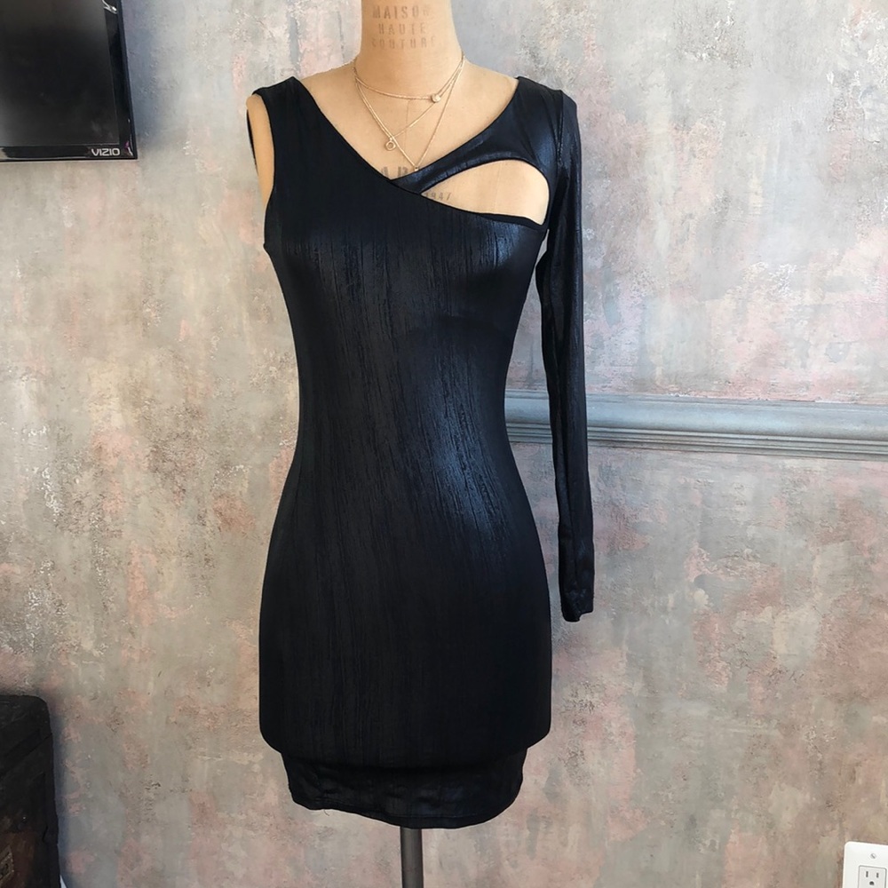 Asymmetrical Mini Dress Sexy Black High Stretch S